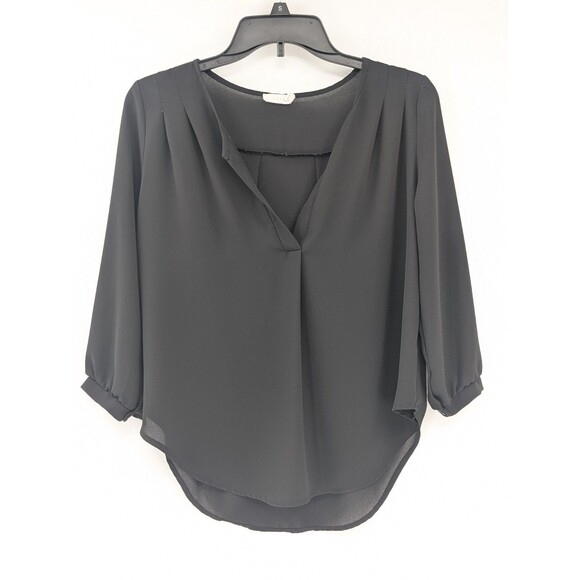 Lush Black Chiffon V-Neck Long Sleeve High/Low Sheer Blouse Top Size Small - Picture 1 of 7